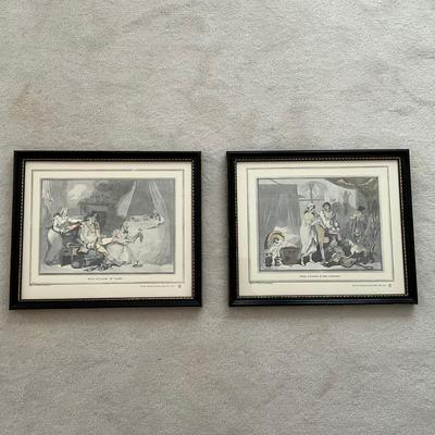 OBR1228 Pair of Antique Prints "Four O'Clock In Town" & "Four O'Clock In Country" by T. Rowlandson