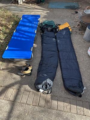COLEMAN BACKPACK, 2 DUPONT SLEEPING BAGS, FOLDING CAMPING COT PLUS HIKING BOOTS SIZE 11