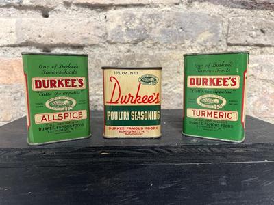 Sale Photo Thumbnail #285: Fairway bay leaf, roast coffee, pickling spice and allspice, McConnons mustard & red pepper tins, Durkee’s turmeric, allspice and poultry seasoning, Leopard mace and French’s mustard tins