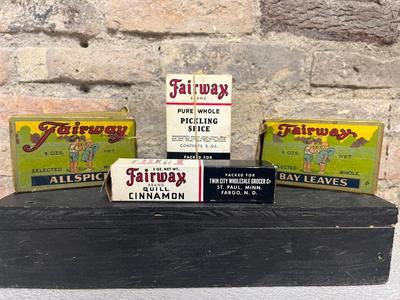 Sale Photo Thumbnail #283: Fairway bay leaf, roast coffee, pickling spice and allspice, McConnons mustard & red pepper tins, Durkee’s turmeric, allspice and poultry seasoning, Leopard mace and French’s mustard tins