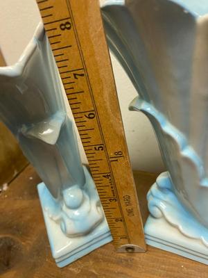 Vintage pair blue cornucopia vases