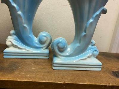 Vintage pair blue cornucopia vases
