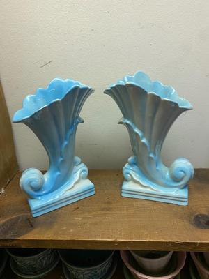 Vintage pair blue cornucopia vases