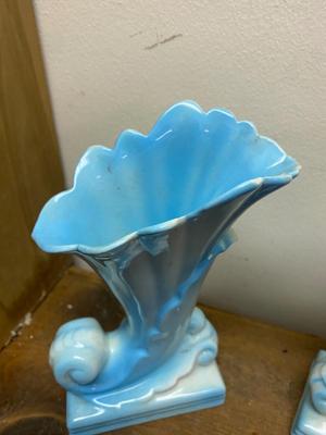 Vintage pair blue cornucopia vases