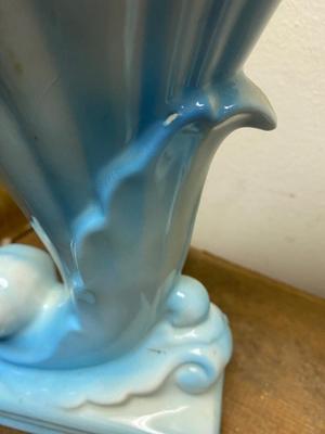 Vintage pair blue cornucopia vases