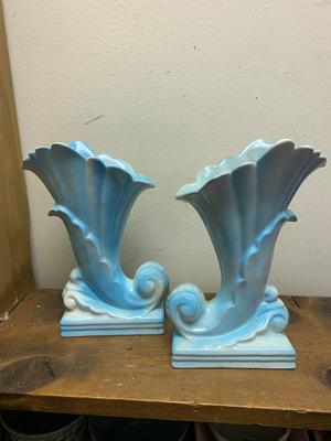 Vintage pair blue cornucopia vases