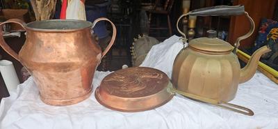 Copper Collection, Folk art Rooster pan/mold, Vintage Tea Pot, Two Handled Imperial Russian Vase