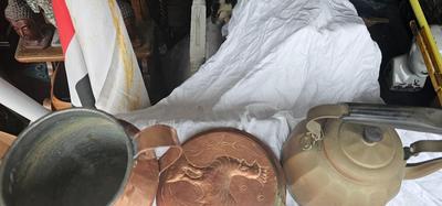 Copper Collection, Folk art Rooster pan/mold, Vintage Tea Pot, Two Handled Imperial Russian Vase