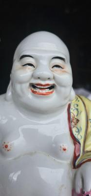 Laughing Chinese Porcelain Buddha Statue, 7.5" tall