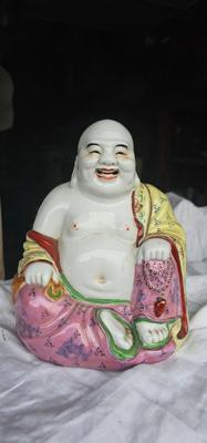 Laughing Chinese Porcelain Buddha Statue, 7.5" tall
