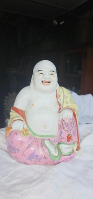 Laughing Chinese Porcelain Buddha Statue, 7.5" tall