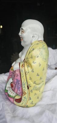 Laughing Chinese Porcelain Buddha Statue, 7.5" tall