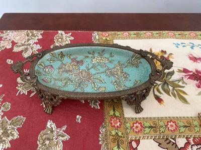 VTG 8” Chinese Porcelain & Brass Flowers Soap Dish