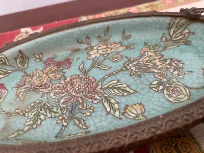 VTG 8” Chinese Porcelain & Brass Flowers Soap Dish