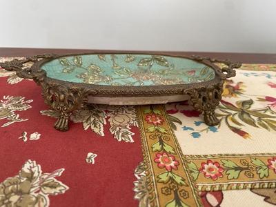 VTG 8” Chinese Porcelain & Brass Flowers Soap Dish