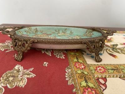 VTG 8” Chinese Porcelain & Brass Flowers Soap Dish