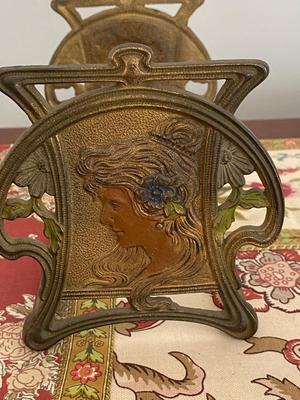 VINTAGE ART NOUVEAU LADY EXPANDING SLIDING RACK BRONZE GILT BOOKENDS