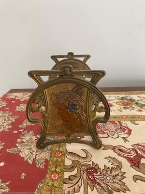 VINTAGE ART NOUVEAU LADY EXPANDING SLIDING RACK BRONZE GILT BOOKENDS