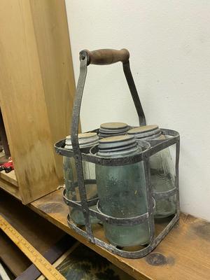 4 Antique Ball Mason Patent Nov 30th 1858 Quart Canning Jar With ZINC Lid with carrier