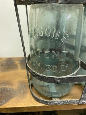 4 Antique Ball Mason Patent Nov 30th 1858 Quart Canning Jar With ZINC Lid with carrier