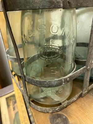 4 Antique Ball Mason Patent Nov 30th 1858 Quart Canning Jar With ZINC Lid with carrier