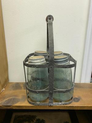 4 Antique Ball Mason Patent Nov 30th 1858 Quart Canning Jar With ZINC Lid with carrier