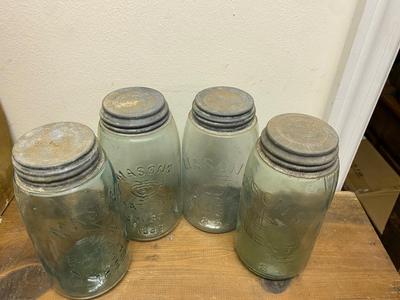 4 Antique Ball Mason Patent Nov 30th 1858 Quart Canning Jar With ZINC Lid LOT #1