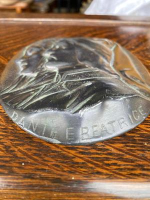 Pair of Antique bas relief plaques Dante and Beatrice, Raffaello copper