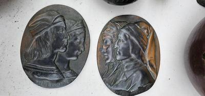 Pair of Antique bas relief plaques Dante and Beatrice, Raffaello copper
