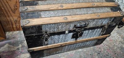 Antique Victorian Oak Banded Embossed Leather Dome Top Steamer Trunk trunk