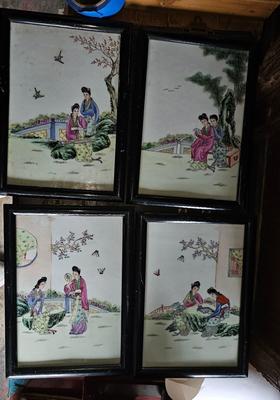 4 Chinese Hand painted Porcelain tile Panels FAMILLE ROSE