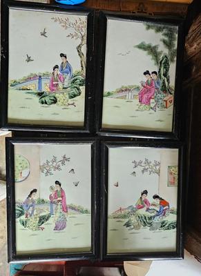 4 Chinese Hand painted Porcelain tile Panels FAMILLE ROSE