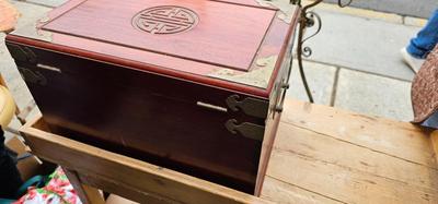 Asian Jewelry Box Lined in Bright Turquoise Silk 1970s Chinoiserie Hollywood Regency