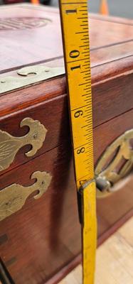 Asian Jewelry Box Lined in Bright Turquoise Silk 1970s Chinoiserie Hollywood Regency