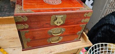 Asian Jewelry Box Lined in Bright Turquoise Silk 1970s Chinoiserie Hollywood Regency