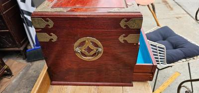 Asian Jewelry Box Lined in Bright Turquoise Silk 1970s Chinoiserie Hollywood Regency