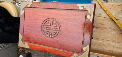 Asian Jewelry Box Lined in Bright Turquoise Silk 1970s Chinoiserie Hollywood Regency