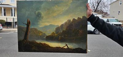 Vintage Landscape Painting, mysterious with tree stump