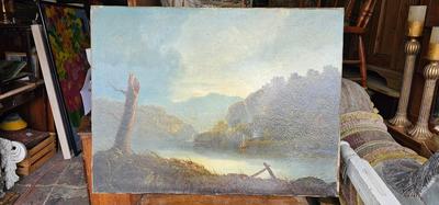 Vintage Landscape Painting, mysterious with tree stump