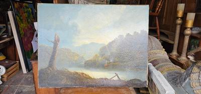 Vintage Landscape Painting, mysterious with tree stump