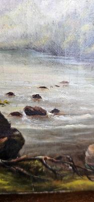 Small Vintage Oil Painting, unframed, Lake or river, trees, mountains