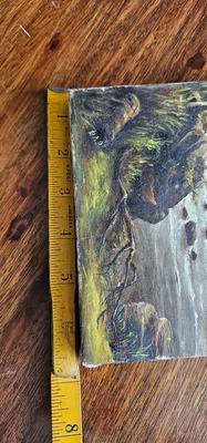 Small Vintage Oil Painting, unframed, Lake or river, trees, mountains