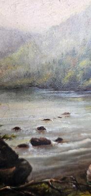 Small Vintage Oil Painting, unframed, Lake or river, trees, mountains