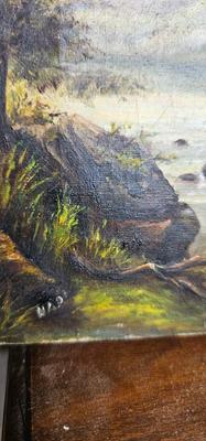 Small Vintage Oil Painting, unframed, Lake or river, trees, mountains