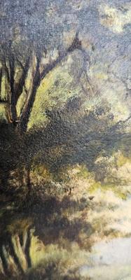 Small Vintage Oil Painting, unframed, Lake or river, trees, mountains