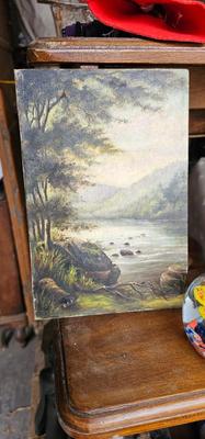 Small Vintage Oil Painting, unframed, Lake or river, trees, mountains
