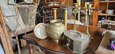 Vintage Brass Collection, 2 Pairs Candlesticks, 1 vase, 1 jewelry box, 1 frame