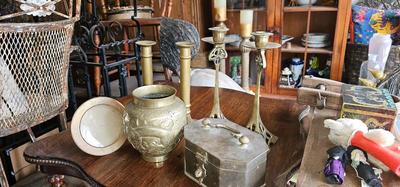 Vintage Brass Collection, 2 Pairs Candlesticks, 1 vase, 1 jewelry box, 1 frame