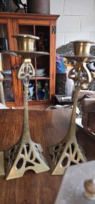 Vintage Brass Collection, 2 Pairs Candlesticks, 1 vase, 1 jewelry box, 1 frame