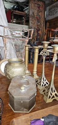 Vintage Brass Collection, 2 Pairs Candlesticks, 1 vase, 1 jewelry box, 1 frame